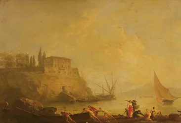 Seascape, Sunset: Fishermen Pushing Out a Boat